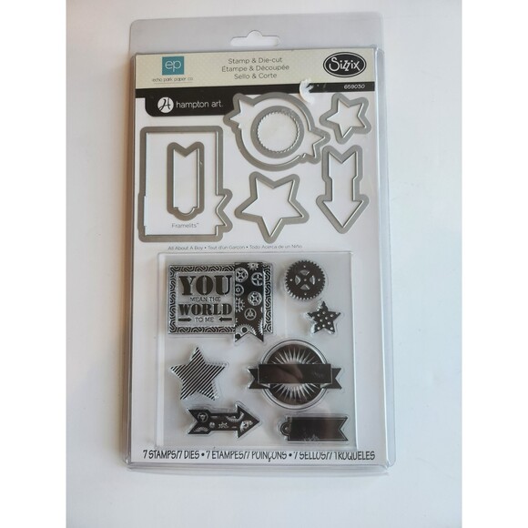Sizzix Framelits Dies 7/Pkg With Clear Stamps By Echo Park-All About A Boy B19 - Picture 1 of 5